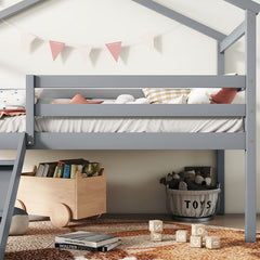 Bellemave® Twin Size Low Loft Bed with Slide, Ladder, Safety Guardrails, House Roof Frame