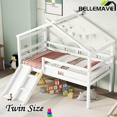 Bellemave® Twin Size Low Loft Bed with Slide, Ladder, Safety Guardrails, House Roof Frame