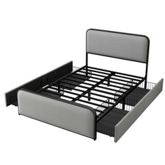 Bellemave Modern Metal Bed Frame with Curved Upholstered Headboard and Footboard Bed with 4 Storage Drawers, Heavy Duty Metal Slats