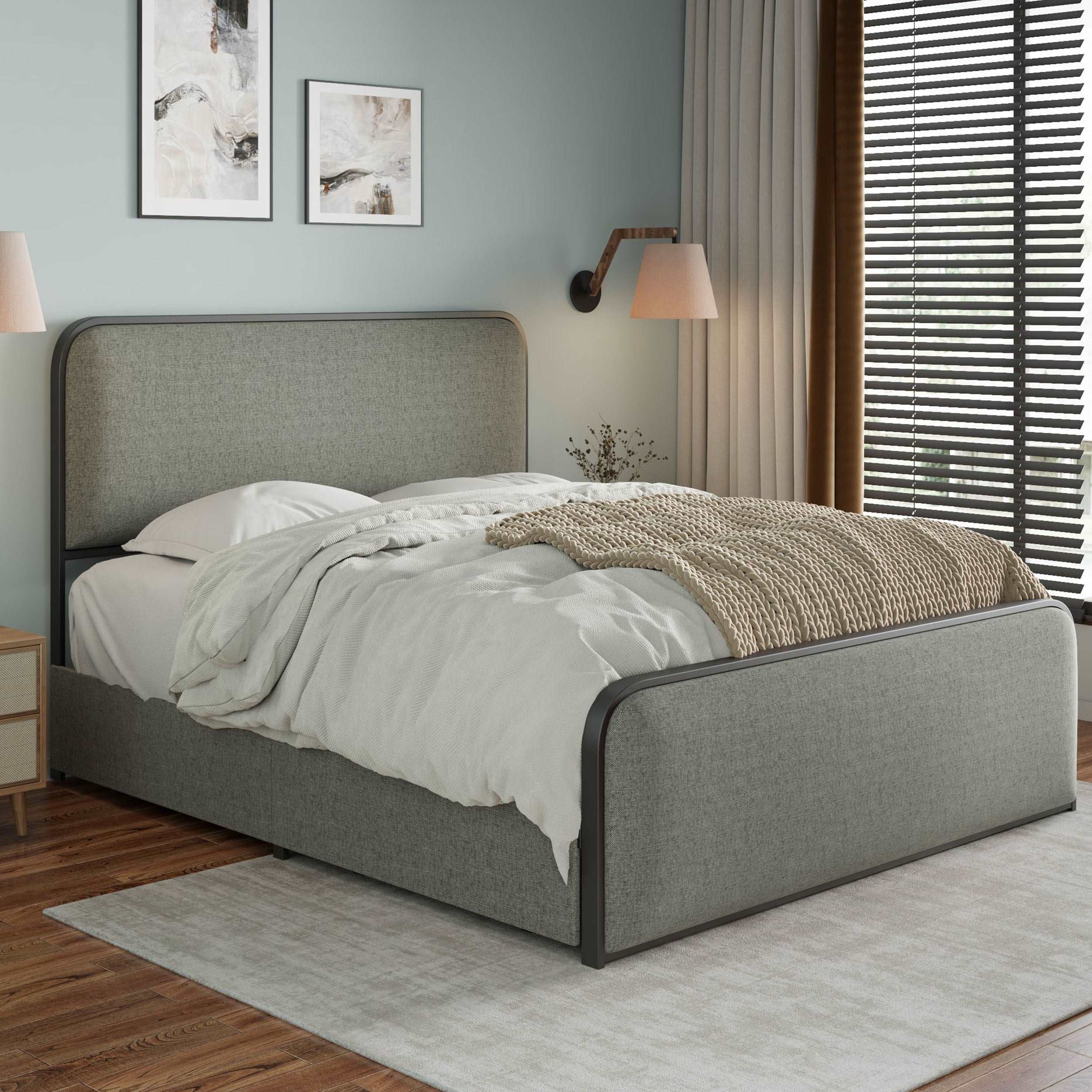 Bellemave Modern Metal Bed Frame with Curved Upholstered Headboard and Footboard Bed with 4 Storage Drawers, Heavy Duty Metal Slats