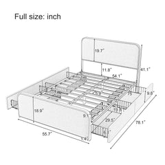 Bellemave Modern Metal Bed Frame with Curved Upholstered Headboard and Footboard Bed with 4 Storage Drawers, Heavy Duty Metal Slats