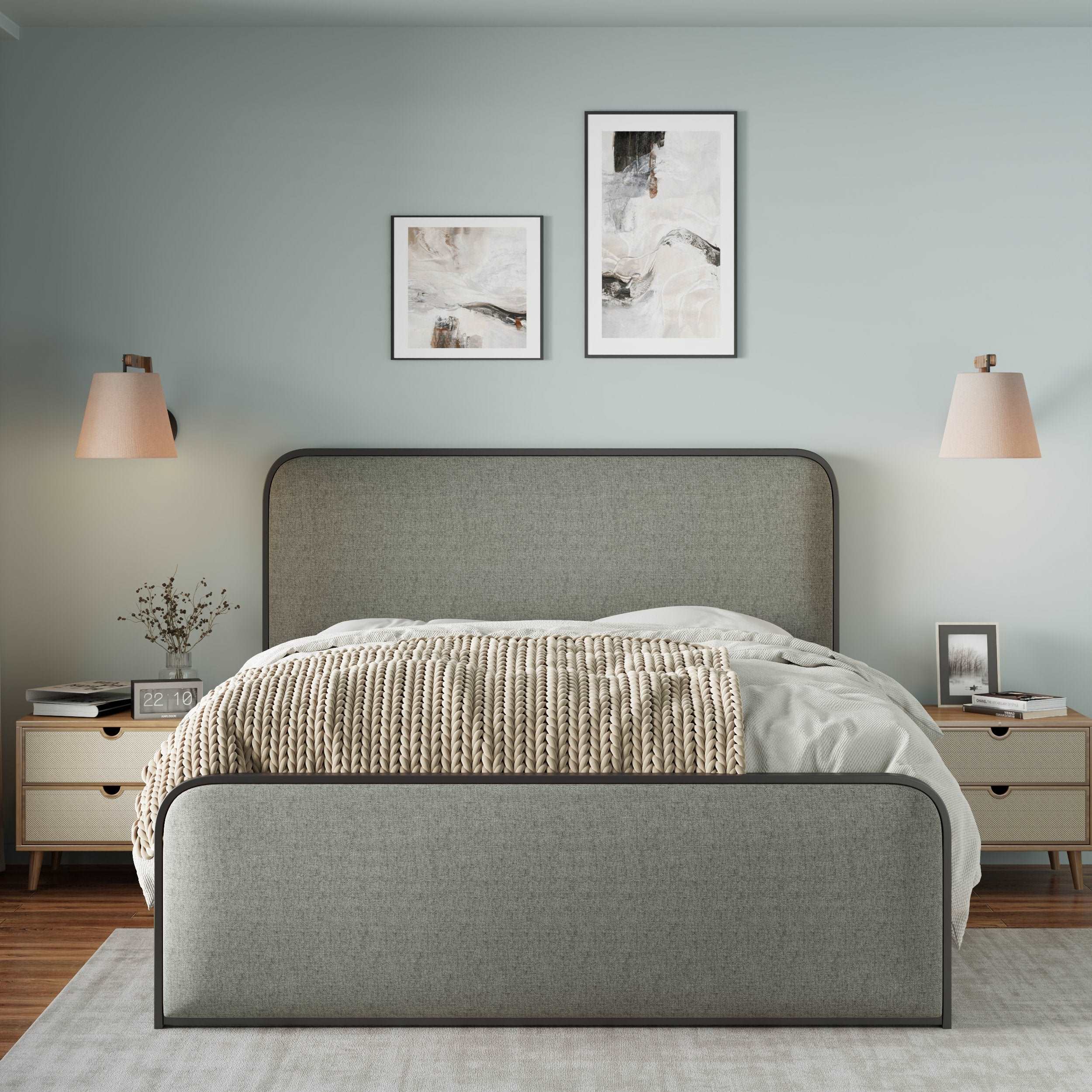 Bellemave Modern Metal Bed Frame with Curved Upholstered Headboard and Footboard Bed with Under Bed Storage, Heavy Duty Metal Slats
