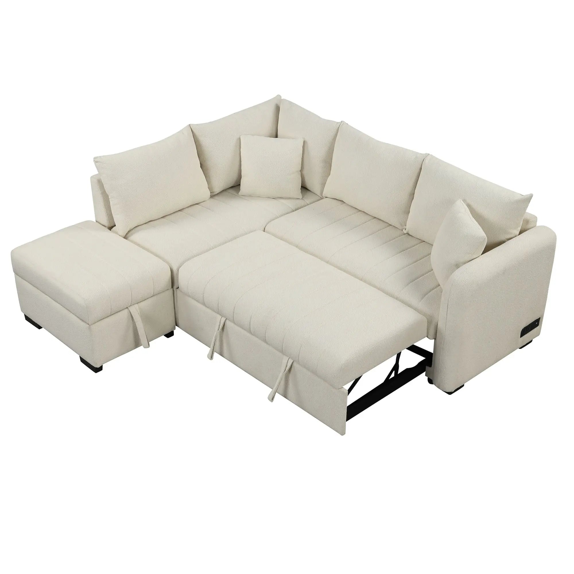 Bellemave® 82.6" L-shaped Sectional Pull Out Sofa Bed with Two USB Ports, Two Power Sockets and a Movable Storage Ottoman Bellemave®