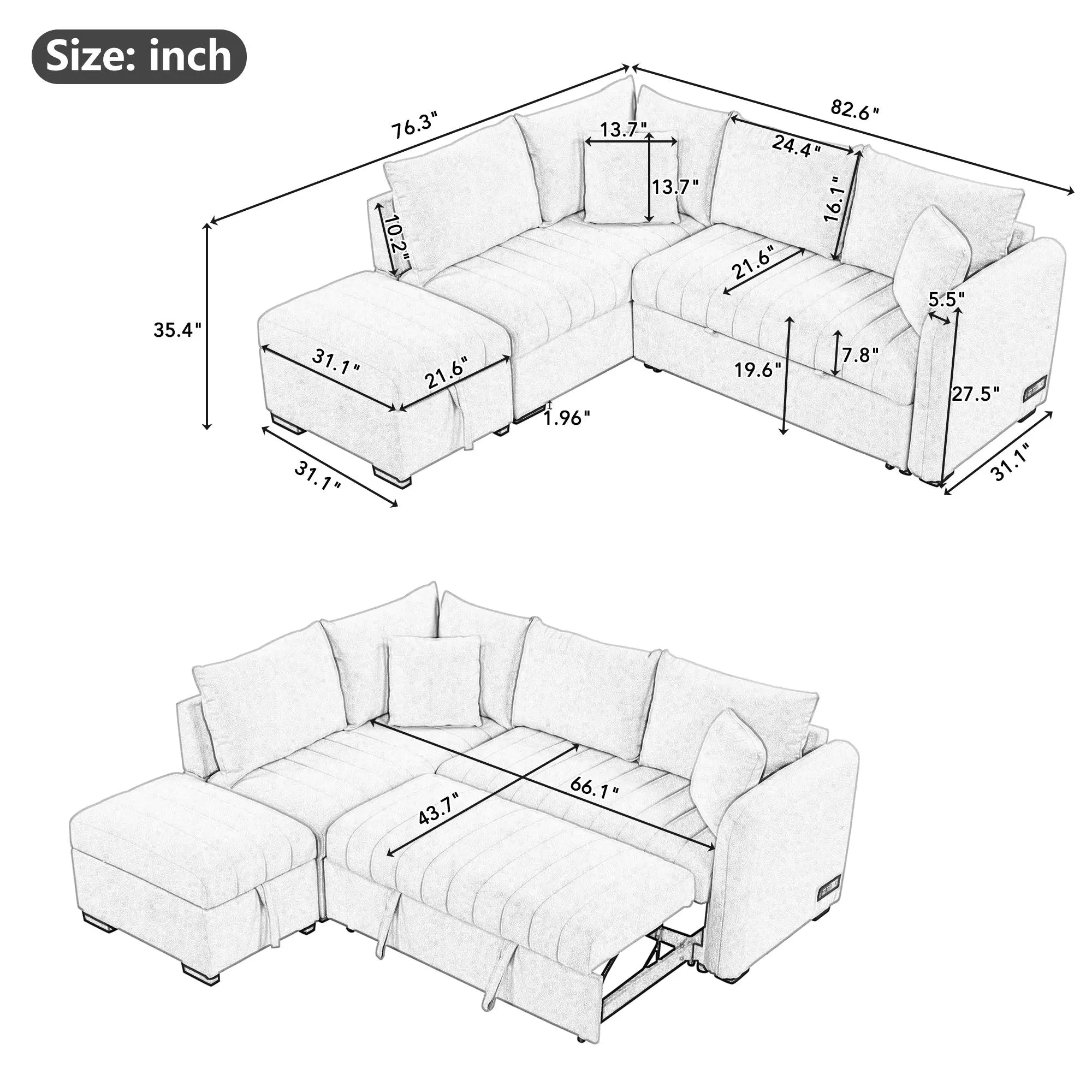 Bellemave® 82.6" L-shaped Sectional Pull Out Sofa Bed with Two USB Ports, Two Power Sockets and a Movable Storage Ottoman Bellemave®