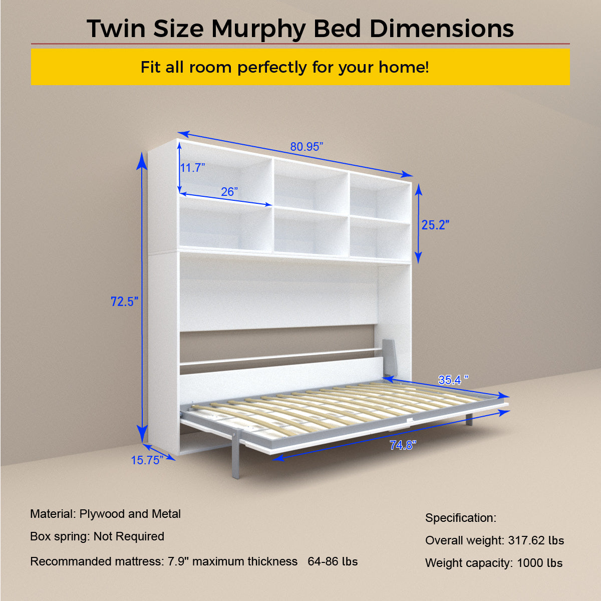 Bellemave® Twin Size Horizontal Murphy Bed with Shelf Storage and New Style Gas Struts Bellemave®