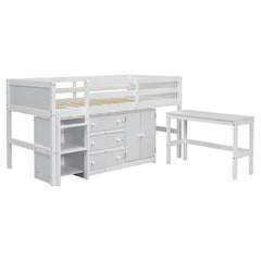 Bellemave® Twin Size Low Loft Bed With Pull-Out Desk, Drawers, Cabinet, and Shelves