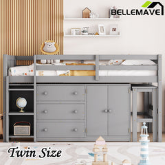 Bellemave® Twin Size Low Loft Bed With Pull-Out Desk, Drawers, Cabinet, and Shelves