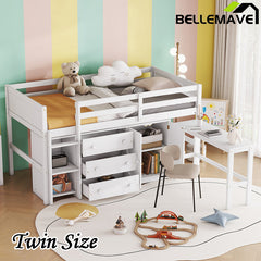 Bellemave® Twin Size Low Loft Bed With Pull-Out Desk, Drawers, Cabinet, and Shelves