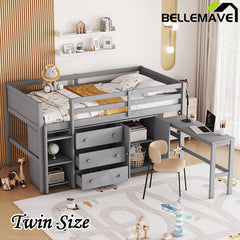 Bellemave® Twin Size Low Loft Bed With Pull-Out Desk, Drawers, Cabinet, and Shelves