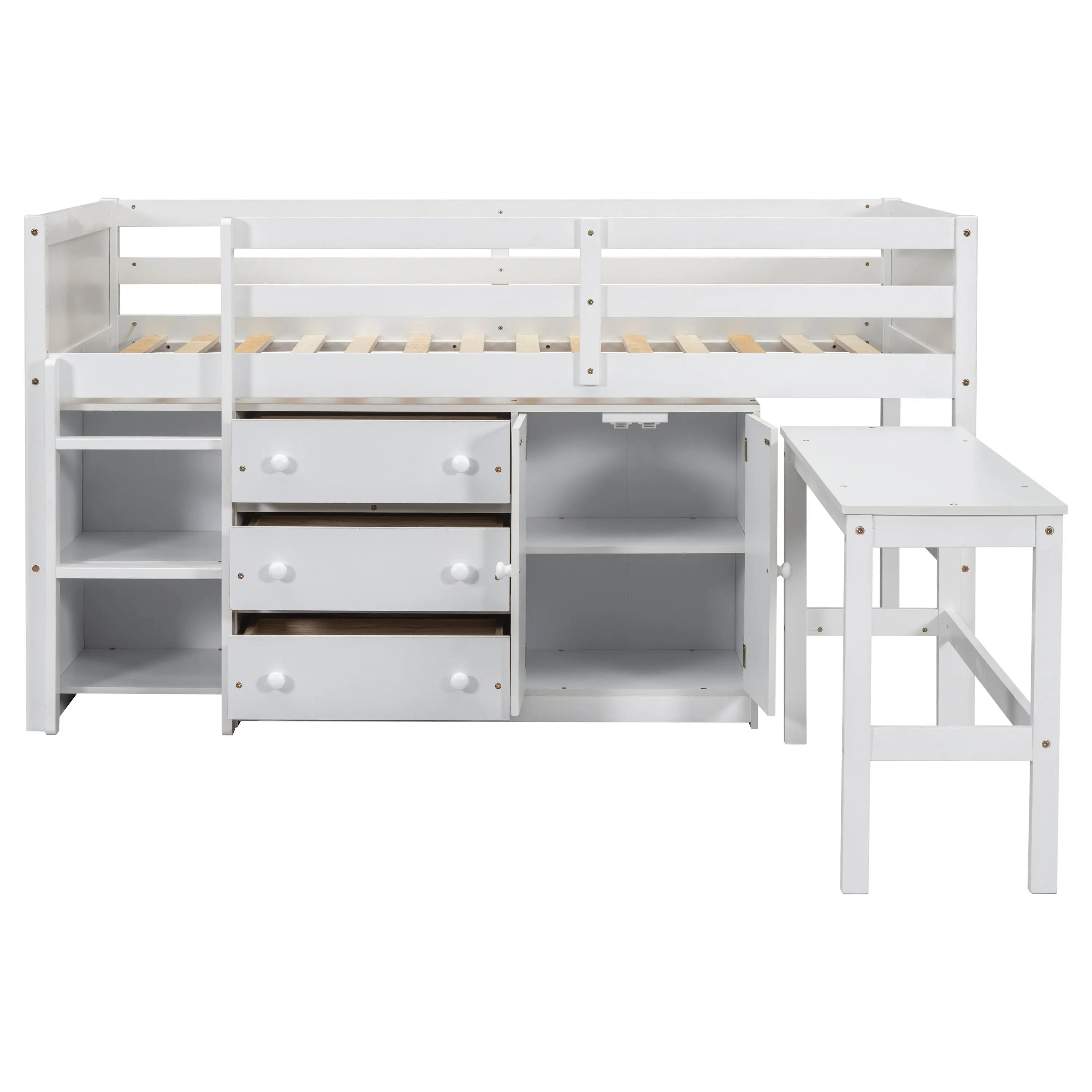 Bellemave® Twin Size Low Loft Bed With Pull-Out Desk, Drawers, Cabinet, and Shelves Bellemave®