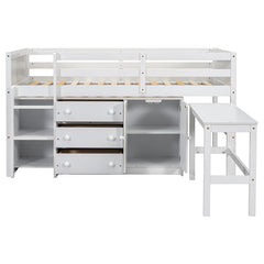 Bellemave® Twin Size Low Loft Bed With Pull-Out Desk, Drawers, Cabinet, and Shelves