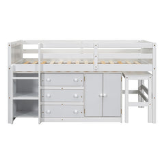 Bellemave® Twin Size Low Loft Bed With Pull-Out Desk, Drawers, Cabinet, and Shelves