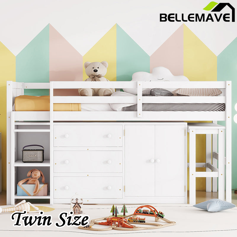 Bellemave® Twin Size Low Loft Bed With Pull-Out Desk, Drawers, Cabinet, and Shelves