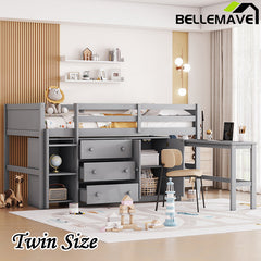 Bellemave® Twin Size Low Loft Bed With Pull-Out Desk, Drawers, Cabinet, and Shelves