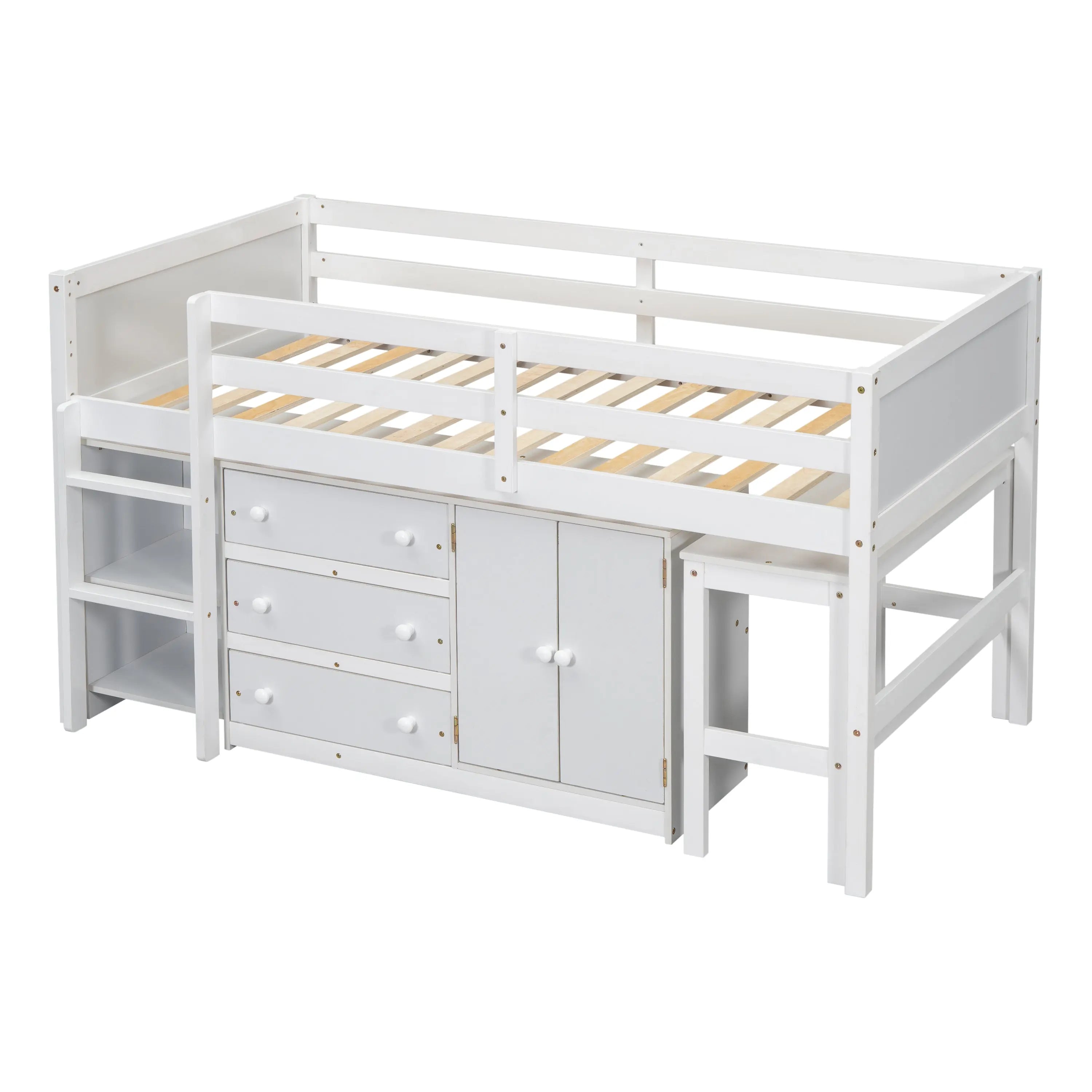 Bellemave® Twin Size Low Loft Bed With Pull-Out Desk, Drawers, Cabinet, and Shelves Bellemave®