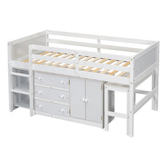 Bellemave® Twin Size Low Loft Bed With Pull-Out Desk, Drawers, Cabinet, and Shelves