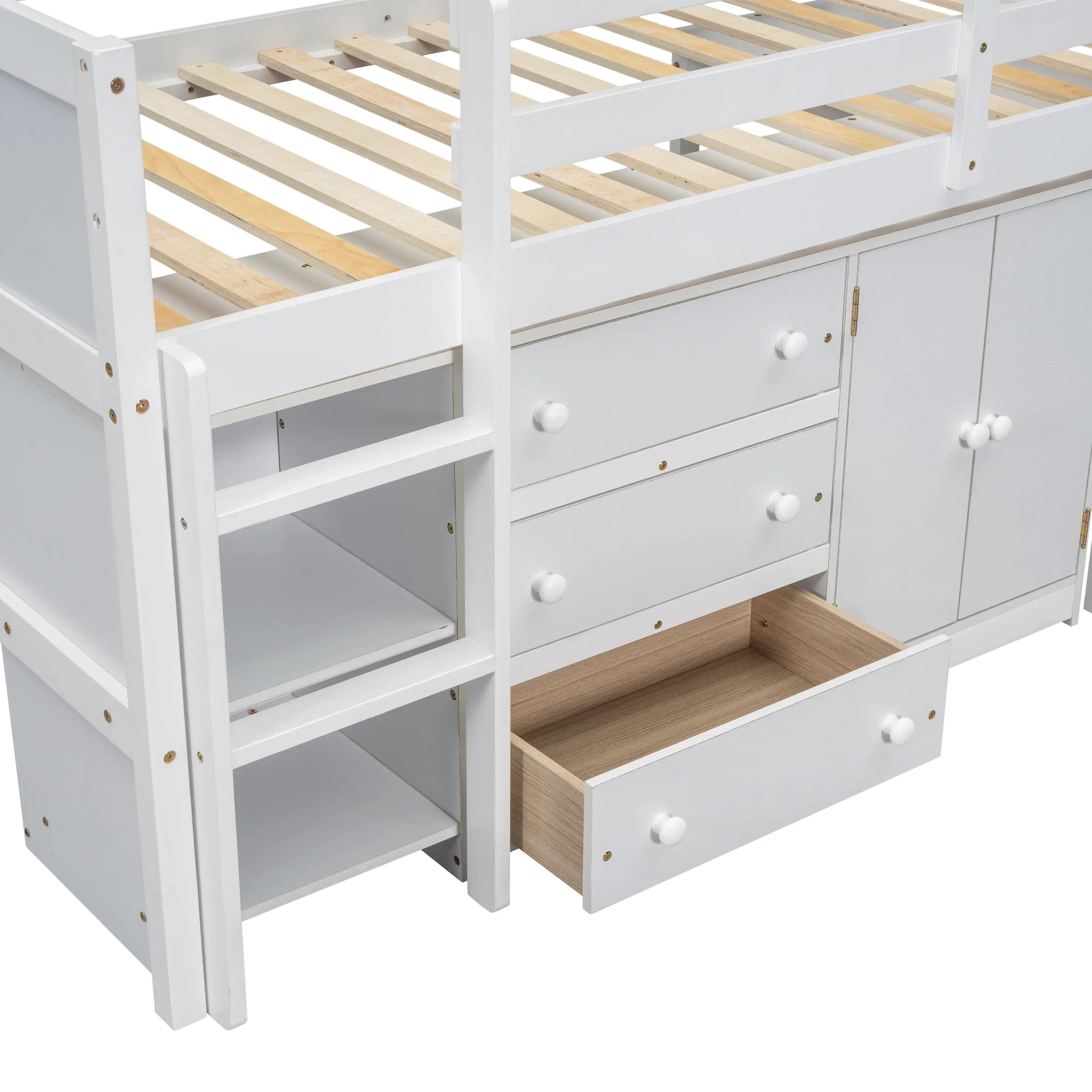 Bellemave® Twin Size Low Loft Bed With Pull-Out Desk, Drawers, Cabinet, and Shelves Bellemave®