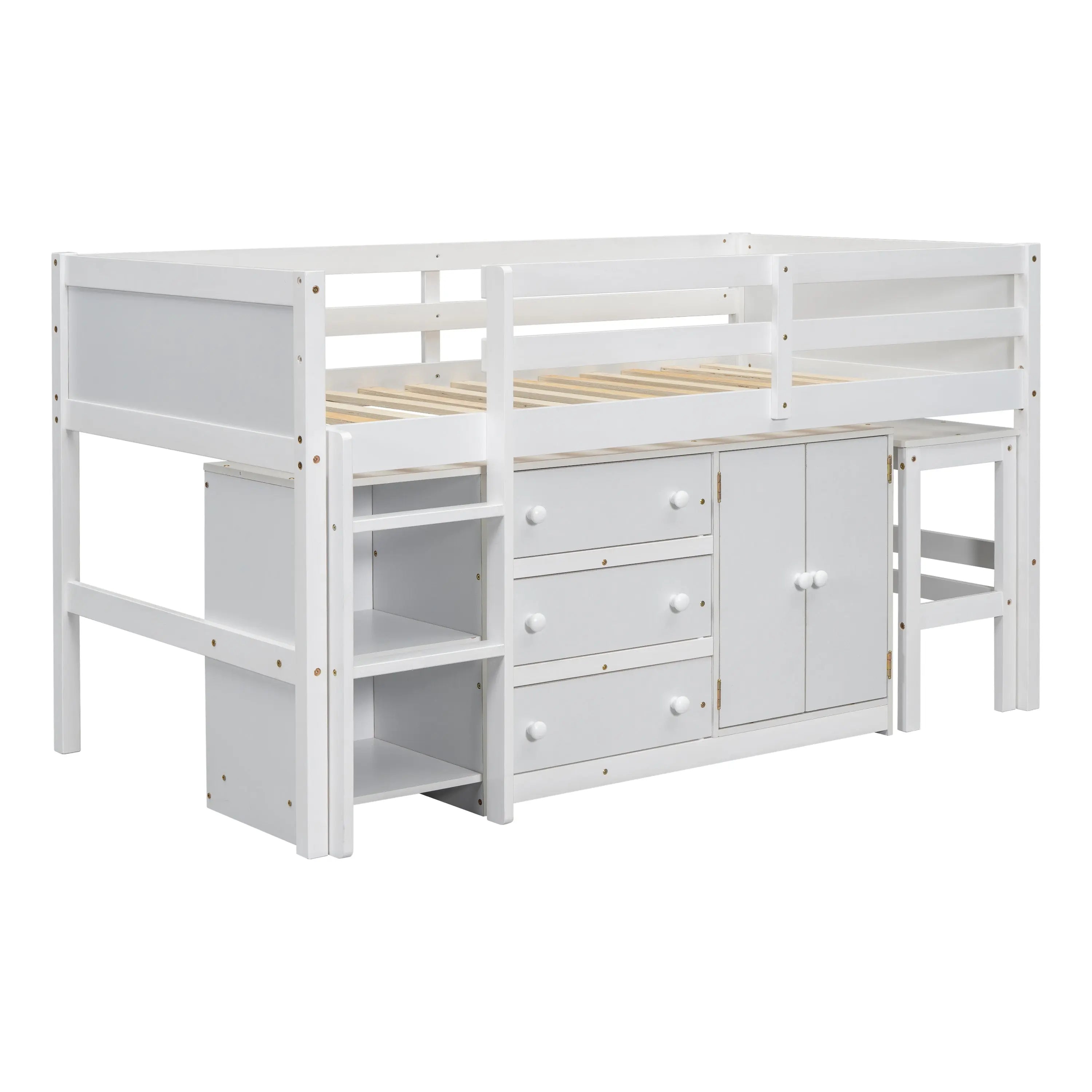 Bellemave® Twin Size Low Loft Bed With Pull-Out Desk, Drawers, Cabinet, and Shelves Bellemave®