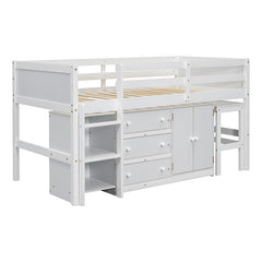 Bellemave® Twin Size Low Loft Bed With Pull-Out Desk, Drawers, Cabinet, and Shelves