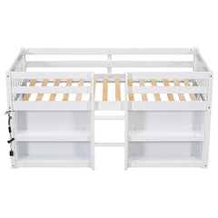 Bellemave® Twin Size Low Loft Bed with Two-Tier Shelves And LED Light