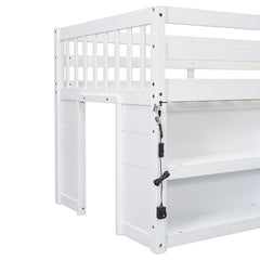 Bellemave® Twin Size Low Loft Bed with Two-Tier Shelves And LED Light