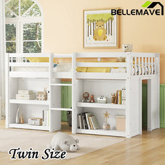 Bellemave® Twin Size Low Loft Bed with Two-Tier Shelves And LED Light