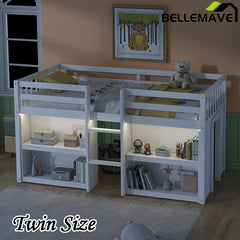 Bellemave® Twin Size Low Loft Bed with Two-Tier Shelves And LED Light