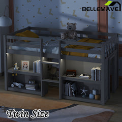 Bellemave® Twin Size Low Loft Bed with Two-Tier Shelves And LED Light