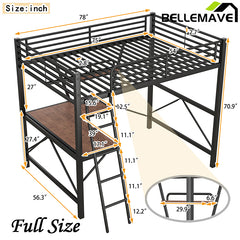 Bellemave® Metal&MDF High Loft Bed with Desk and Shelf