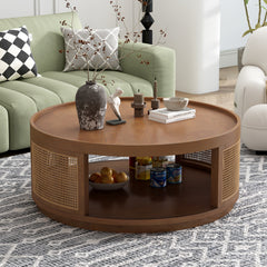 Bellemave® Round Cane Coffee Table with PE Rattan Side