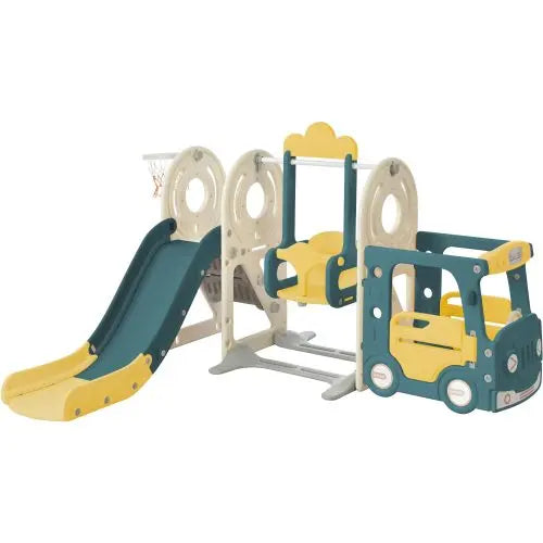 Bellemave Freestanding Bus Toy and Slide&Swing for Toddlers Set 5 in 1 with Basketball Hoop Bellemave