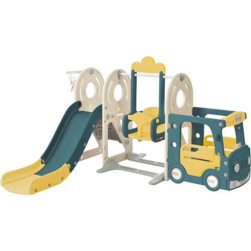 Bellemave Freestanding Bus Toy and Slide&Swing for Toddlers Set 5 in 1 with Basketball Hoop