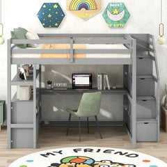 Bellemave® Loft Bed with Desk and Shelves, Two Built-in Drawers, Storage Staircase Bellemave®