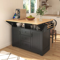 Bellemave® 55.7" Large Kitchen Island on 5 Wheels with 2 Drop Leaf,Power Outlet, Spice,Towel Rack,3 Drawers