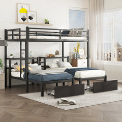 Bellemave® Full XL Over Twin & Twin Triple Bunk Bed with Drawers,Bedhead with Shelving