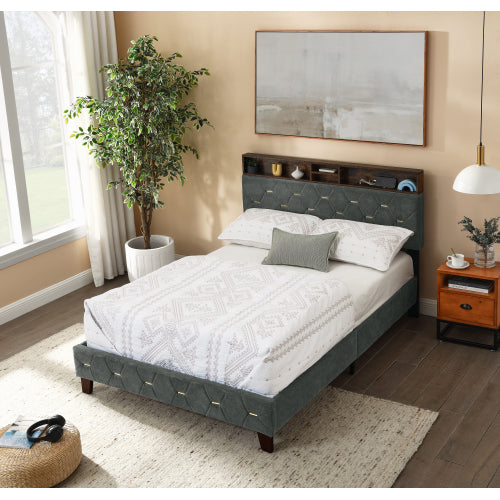 Bellemave® Platform Bed with Upholstered Headboard and Wood Legs,Outlet and USB Ports