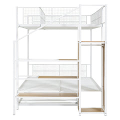 Bellemave® Twin Over Full Metal Bunk Bed with Trundle and Lateral Storage Ladder and Wardrobe