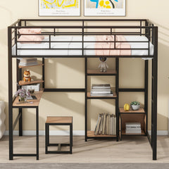 Bellemave® Full Size Metal Loft Bed with Desk and Stool,Open-Style Wardrobe, Shelves and Cabinet