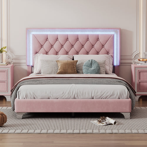 Bellemave® Modern Velvet Upholstered Bed with Tufted Headboard and LED Lights Bellemave®