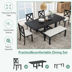 Bellemave® 6-Piece Extendable Dining Table with Footrest, 4 Upholstered Dining Chairs and Dining Bench