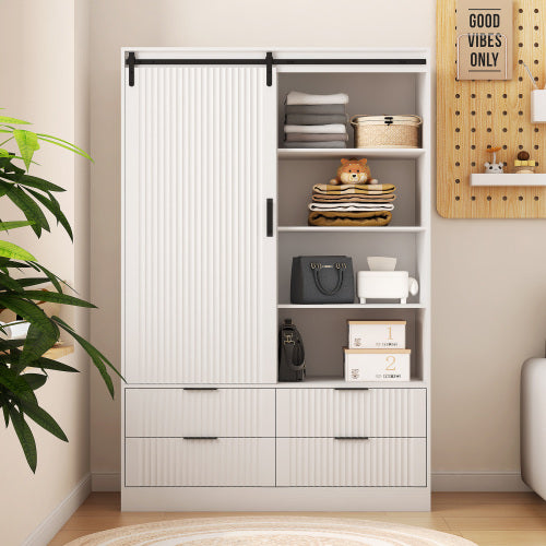 Bellemave® Modern Wardrobe with Hanging Rod and Barn Door ,Drawers and Open Shelves