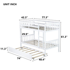 Bellemave® Twin Size Rubber Wood Bunk Bed with Trundle Bed, Convertible into 2 Twin Size Beds