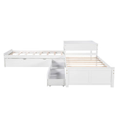 Bellemave® Twin Size L-shaped Platform Bed with Trundle and Drawers Linked with Built-In Desk