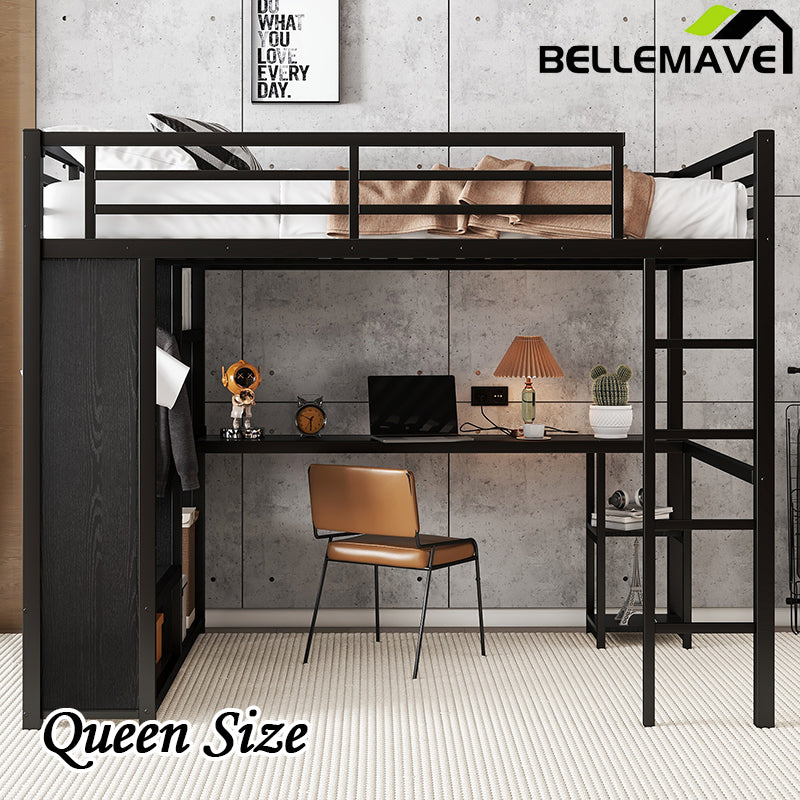 Bellemave® Queen Size Metal Loft Bed with Built-in Wardrobe, Desk and Storage Shelves