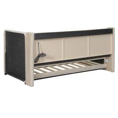 Bellemave® Twin Size Upholstered Daybed with Trundle, Storage Shelves, USB & Outlet