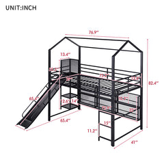 Bellemave® Twin Size Metal House Loft Bed with Iron mesh Shelves and Slide