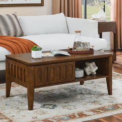 Bellemave® Mid Century Modern Fluted Coffee Table with Storage Sliding Door & Solid Wood Leg