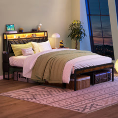 Bellemave® Full Size Platform Bed with 105-Degree Tilted Upholstered Headboard, Charging Station and LED Lights