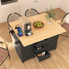 Bellemave® 55.7" Large Kitchen Island on 5 Wheels with 2 Drop Leaf,Power Outlet, Spice,Towel Rack,3 Drawers