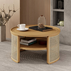 Bellemave® 2-Tiered Round Natural Wood Coffee Table with Storage Rattan Base